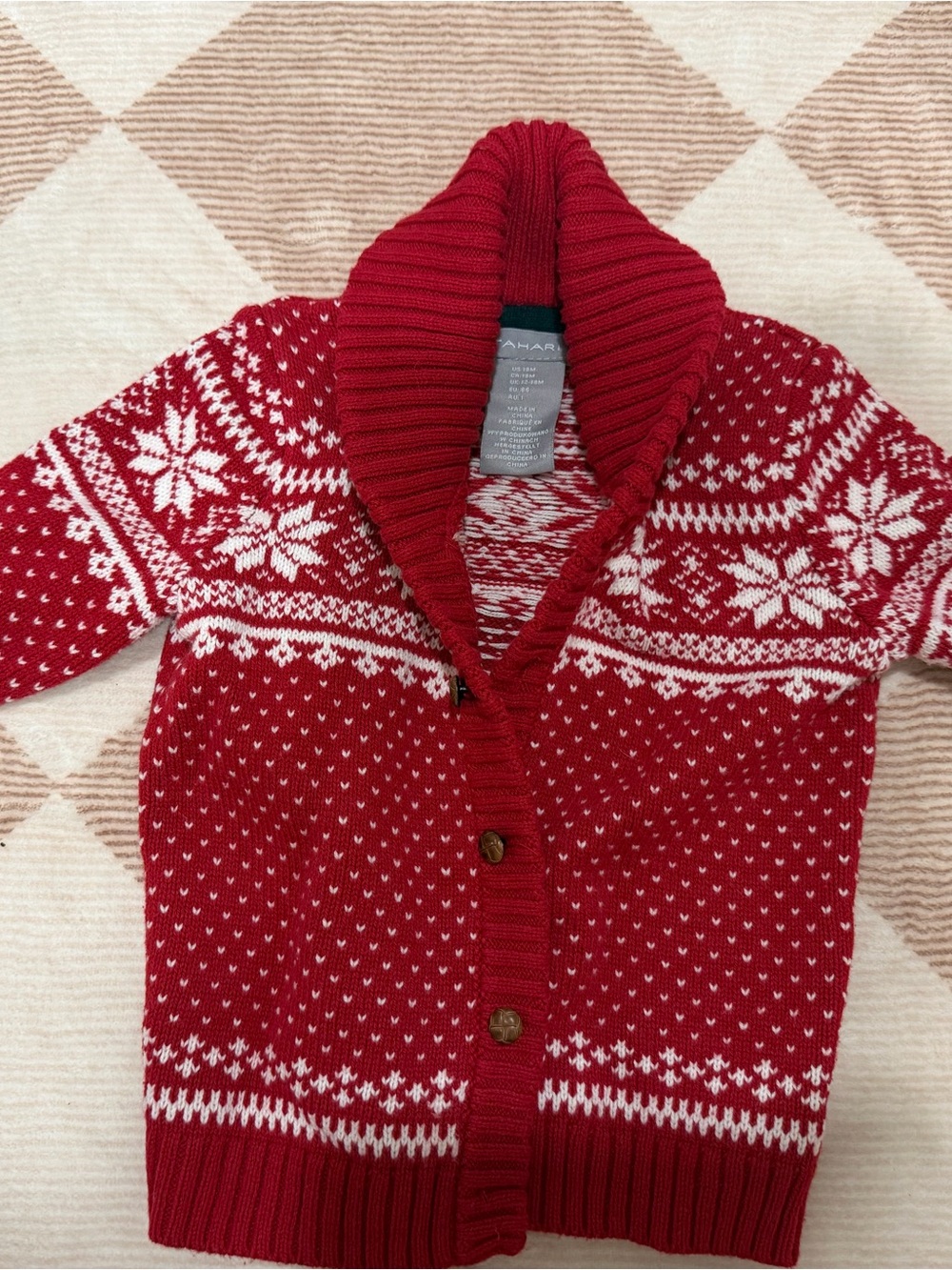 Tahari Red & White Fair Isle Shawl Collar Cardigan Sweater